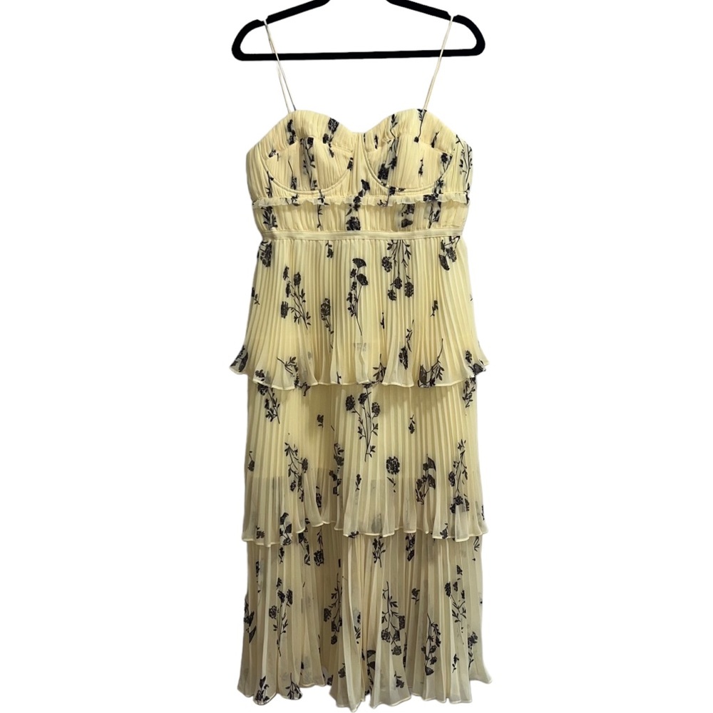 Self Portrait Yellow Floral Silhouette Chiffon Tiered Midi Dress Pastel Yellow - Picture 5 of 15